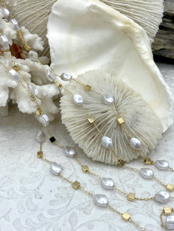 Faux Pearl Beaded Rosary Chain, White Pearls with Gold Caps and Wire, Dainty Chain, Gold Plated Brass Wire, Sold by the foot, Fast Ship