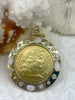 Image of RÉPUBLIQUE FRANÇAISE Gold Coin Pendant, Reproduction French Pendant, Coin Bezel cz-Mother of Pearl, BBA Original, 3 Bezel colors Fast Ship