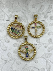 Micro Pave Colorful CZ Charms, Colorful CZ Micro Pave Charms, 3 Styles, Heart, Cross, and Bird,Gold Plated Brass, Colorful CZ, Fast Shipping