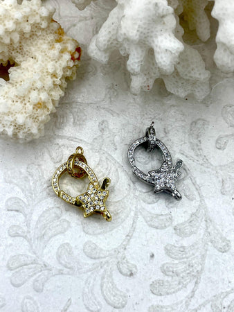 Pave CZ Lobster Claw Clasps 2 colors 22mm x 13mm, Star Shape Lobster Clasp, Spring Hook Clasp, Gold, or Silver, Fast Shipping