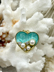 Heart Shaped Turquoise Enamel and Gold Plated Brass Pendants with CZ and Pearls, Cubic Zirconia, Enamel, and Pearl, Heart Charm.Fast Ship.