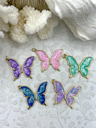 Brass Gold and Enamel Butterfly Charm, Butterfly Pendants, 25mm Pendant Charm, 5 Finishes Available, Sparkly Enamel. Fast Shipping