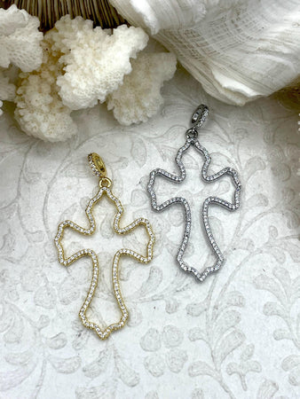 CZ Micro PAVE Cross Charms, Gold or Silver Cross Pendants, Cubic Zirconia, Gold or Silver Plated Brass, Religious Charm, Fast Ship