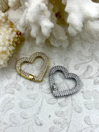 Micro Pave CZ Brass Spring Clasp, Heart Shaped Clasp, Easy Open Spring Gate, Gate Clasp, Extender. Gold or Silver, 25mm x 22mm. Fast Ship