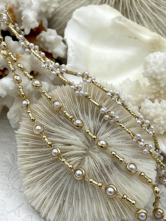 Faux Pearl Beaded Rosary Chain, White Pearls with Gold Caps and Wire, 2 Styles, Gold Plated Brass Wire, Sold by the foot, Fast Ship