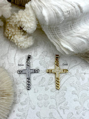 CZ Micro PAVE Cross Charms, Curb Chain Cross, Gold or Silver Cross Pendants, Cubic Zirconia, Gold or Silver Plated Brass, Fast Ship