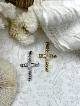 CZ Micro PAVE Cross Charms, Curb Chain Cross, Gold or Silver Cross Pendants, Cubic Zirconia, Gold or Silver Plated Brass, Fast Ship