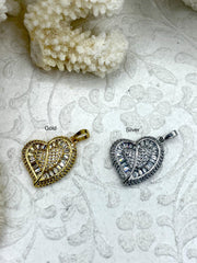 CZ Micro PAVE Heart Charms, Gold or Silver Heart Charms, Clear Cubic Zirconia, Gold or Silver Plated Brass, Heart Pendants, Fast Ship