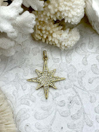 Micro Pave CZ Star Charms, Gold Plated Brass and Cubic Zirconia, Gold Stars, 30mm x 30mm Star Charms, Gold Stars with CZ, Fast Shipping