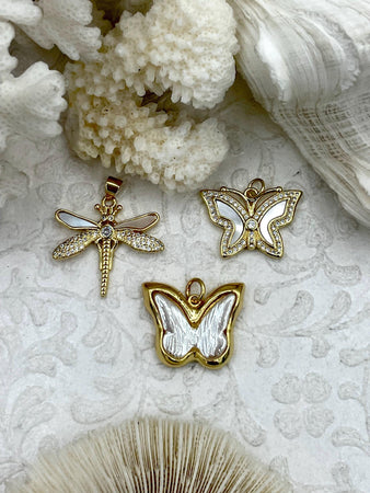 Mother of Pearl Dragonfly and Butterfly CZ Charms, 3 styles, Gold Plated Brass Hearts, MOP Charms, Cubic Zirconia, Mother of Pearl,Fast Ship