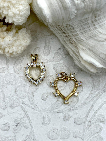 Gold Plated Brass Heart Charms with CZ, 2 styles, Gold Plated Brass, Brass and Cubic Zirconia Heart Pendants. Fast Ship