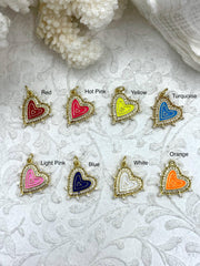 Colorful Enamel and Gold Heart Charms with CZ, Gold Heart Charm, 8 Colors, Enamel and Gold Plated Brass Heart Pendants with CZ, Fast Ship.