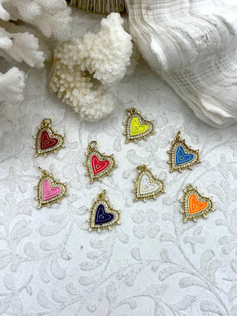 Colorful Enamel and Gold Heart Charms with CZ, Gold Heart Charm, 8 Colors, Enamel and Gold Plated Brass Heart Pendants with CZ, Fast Ship.