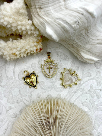 Enamel and Gold Cross and Heart Pendants with CZ, Gold Plated Brass, 3 Styles, Cross Charms, Heart Charms, White and Black Enamel,Fast Ship.