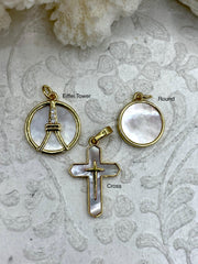 Mother of Pearl Charms, 3 styles, Round, Eiffel Tower, and Cross, French Charms, Religious Charm, Cubic Zirconia, Mother of Pearl, Fast Ship