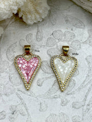 Heart Mother of Pearl and Gold Pendants with CZ, MOP and Gold Plated Brass, 2 Styles, 2 Colors Sparkly Pink and White Charms. Fast Ship.