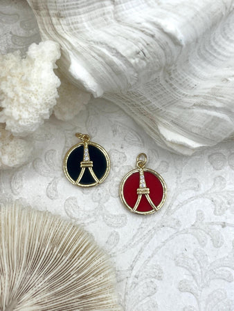 Enamel and Gold Eiffel Tower Charms with CZ, Gold French Charm, 2 Colors, Black and Red, Enamel and Gold Plated Brass with CZ, Fast Ship.