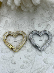 Micro Pave CZ Brass Spring Clasp, Heart Shaped Clasp, Easy Open Spring Gate, Gate Clasp, Extender. Gold or Silver, 25mm x 22mm. Fast Ship