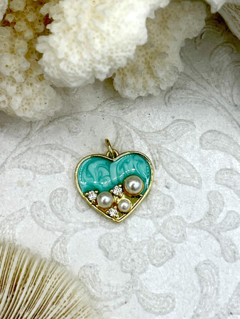 Heart Shaped Turquoise Enamel and Gold Plated Brass Pendants with CZ and Pearls, Cubic Zirconia, Enamel, and Pearl, Heart Charm.Fast Ship.