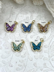 Gold Butterfly Charms with Glitter Enamel and CZ, 5 Colors, Pink,Blue,Peach,Green,Teal, Brass Charms, CZ, Glitter Enamel, Gold, Fast Ship