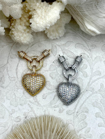 CZ Micro PAVE Heart Pendants, Gold or Silver Heart Charm Jewelry Connectors, Cubic Zirconia, Plated Brass, Heart Jewelry Charm, Fast Ship