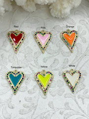 Colorful Enamel and Gold Heart Pendants with Colorful CZ, Gold Heart Charms, 6 Colors, Enamel and Gold Plated Brass Pendants, Fast Ship.