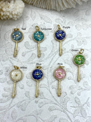 Key Shaped Dyed Mother of Pearl and Gold CZ Pendants, Mother of Pearl and Gold Plated Brass, 7 Colors, 27mm x 12mm Charms. Fast Ship.