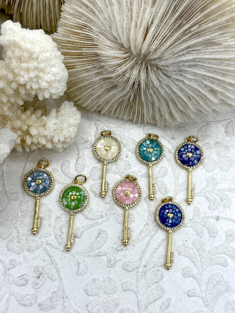 Key Shaped Dyed Mother of Pearl and Gold CZ Pendants, Mother of Pearl and Gold Plated Brass, 7 Colors, 27mm x 12mm Charms. Fast Ship.