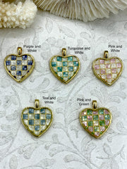 Brass Gold and Dyed Mother of Pearl Heart Charms, Mother of Pearl Hearts, 5 Styles to Choose From, Gold and Mother of Pearl. Fast Shipping