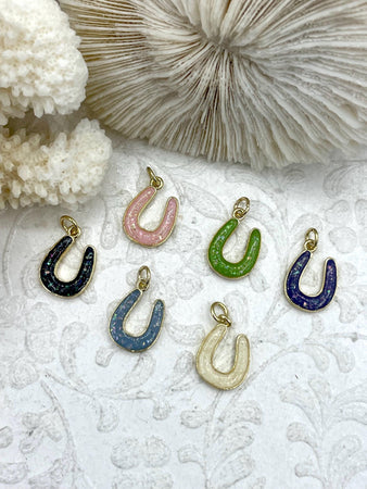 Gold and Dyed Mother of Pearl Horseshoe Charms, Gold and Mother of Pearl Charms, 6 Colors, Gold Plated Brass and Mother of Pearl. Fast Ship