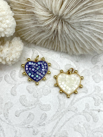 Brass Gold and Dyed Mother of Pearl Heart Charms, Mother of Pearl Hearts, 2 Colors, Purple, White, Gold and Mother of Pearl. Fast Shipping