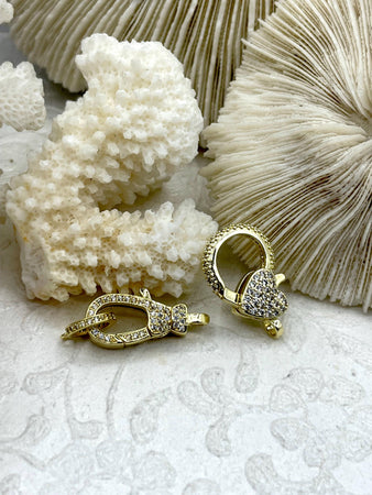 Pave CZ Lobster Claw Clasps 2 Styles, Heart Clasp,Spring Hook Clasp, Gold Plated Brass, Heart CZ Clasps, Gold CZ Lobster Clasp.Fast Shipping