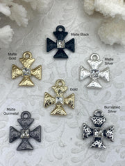 Cross Pendants, Hammered Cross Charms with Clear Center CZ, Religious Charm 6 finishes, 24mm, 5mm thick, Plated Zinc Alloy Cross, Fast Ship