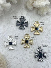 Cross Pendants, Hammered Cross Charms with Gunmetal Center CZ, Religious, 5 finishes, 24mm, 5mm thick, Plated Zinc Alloy Cross, Fast Ship