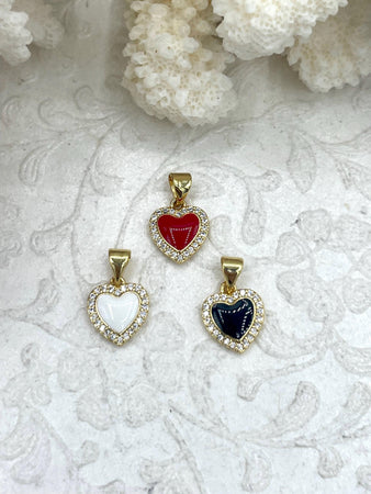 Colorful Enamel and Gold Heart Pendants with CZ, Gold Heart Charms, 3 Colors, Enamel and Gold Plated Brass Pendants with CZ, Fast Ship.