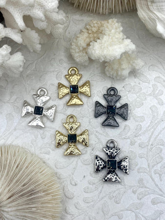 Cross Pendants, Hammered Cross Charms with Gunmetal Center CZ, Religious, 5 finishes, 24mm, 5mm thick, Plated Zinc Alloy Cross, Fast Ship