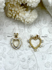 Gold Plated Brass Heart Charms with CZ, 2 styles, Gold Plated Brass, Brass and Cubic Zirconia Heart Pendants. Fast Ship