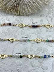 Crystal Round Mixed Rosary Faceted Glass Beads Chain, Colorful Pastels, Gold Heart Details, 3 Styles, Gold Wire, sold by the foot, Fast Ship