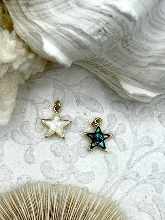 Star Shaped Dyed Mother of Pearl and Gold Pendants, Mother of Pearl and Gold Plated Brass, 2 Colors, Black or White, 13mm. Fast Ship.