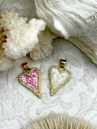 Heart Mother of Pearl and Gold Pendants with CZ, MOP and Gold Plated Brass, 2 Styles, 2 Colors Sparkly Pink and White Charms. Fast Ship.