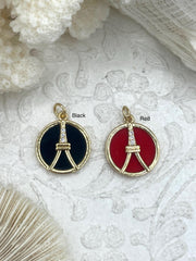 Enamel and Gold Eiffel Tower Charms with CZ, Gold French Charm, 2 Colors, Black and Red, Enamel and Gold Plated Brass with CZ, Fast Ship.