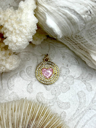 Pink Dyed Mother of Pearl and Gold Heart Charm with CZ, Gold Heart Charm, Pink Mother of Pearl and Gold Plated Brass Heart with CZ,Fast Ship