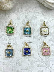 Dyed Mother of Pearl and Gold Heart Lock Charms with CZ, Gold Lock Charm, 6 Colors, Mother of Pearl and Gold Plated Brass, Fast Ship.