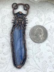 Blue Color Kynite Pendant with Bronze Soldered Bezel and Sun Detail. Natural Kynite Stone. All Natural Stones. Fast Ship