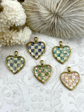 Brass Gold and Dyed Mother of Pearl Heart Charms, Mother of Pearl Hearts, 5 Styles to Choose From, Gold and Mother of Pearl. Fast Shipping