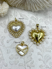 CZ Pearl Heart Charms, 3 Styles Available, Gold Plated Brass, Mother of Pearl, Gold and Pearl Heart Charms, Pearl Heart Pendants, Fast Ship