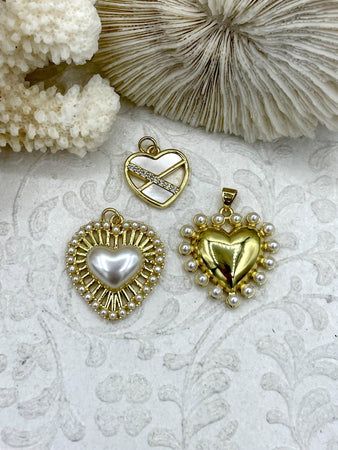 CZ Pearl Heart Charms, 3 Styles Available, Gold Plated Brass, Mother of Pearl, Gold and Pearl Heart Charms, Pearl Heart Pendants, Fast Ship