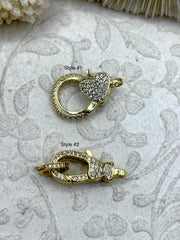 Pave CZ Lobster Claw Clasps 2 Styles, Heart Clasp,Spring Hook Clasp, Gold Plated Brass, Heart CZ Clasps, Gold CZ Lobster Clasp.Fast Shipping