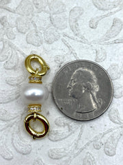 Micro Pave Pearl and CZ Connector Clasps, Shiny Gold with Clear Cubic Zirconia and Pearl. 10mm Pearl Connector Clasps, Fast Shipping