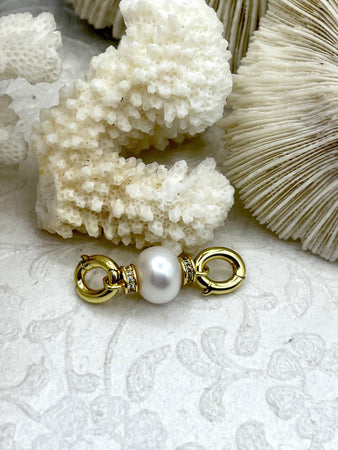 Micro Pave Pearl and CZ Connector Clasps, Shiny Gold with Clear Cubic Zirconia and Pearl. 10mm Pearl Connector Clasps, Fast Shipping